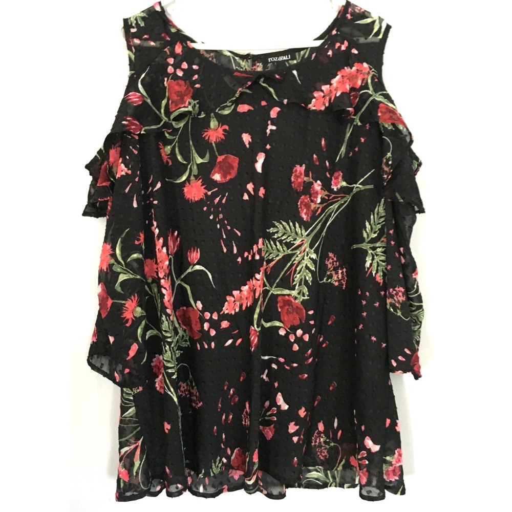 Roz & Ali Blouse Women 3XL‎ Floral Chiffon Swiss Dot Ruffle Sleeve Lined NWT